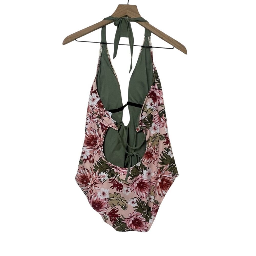 Kona Sol Women’s One-Piece Swimsuit Size Large Peach Floral Crochet Trim Plunge - Picture 2 of 8